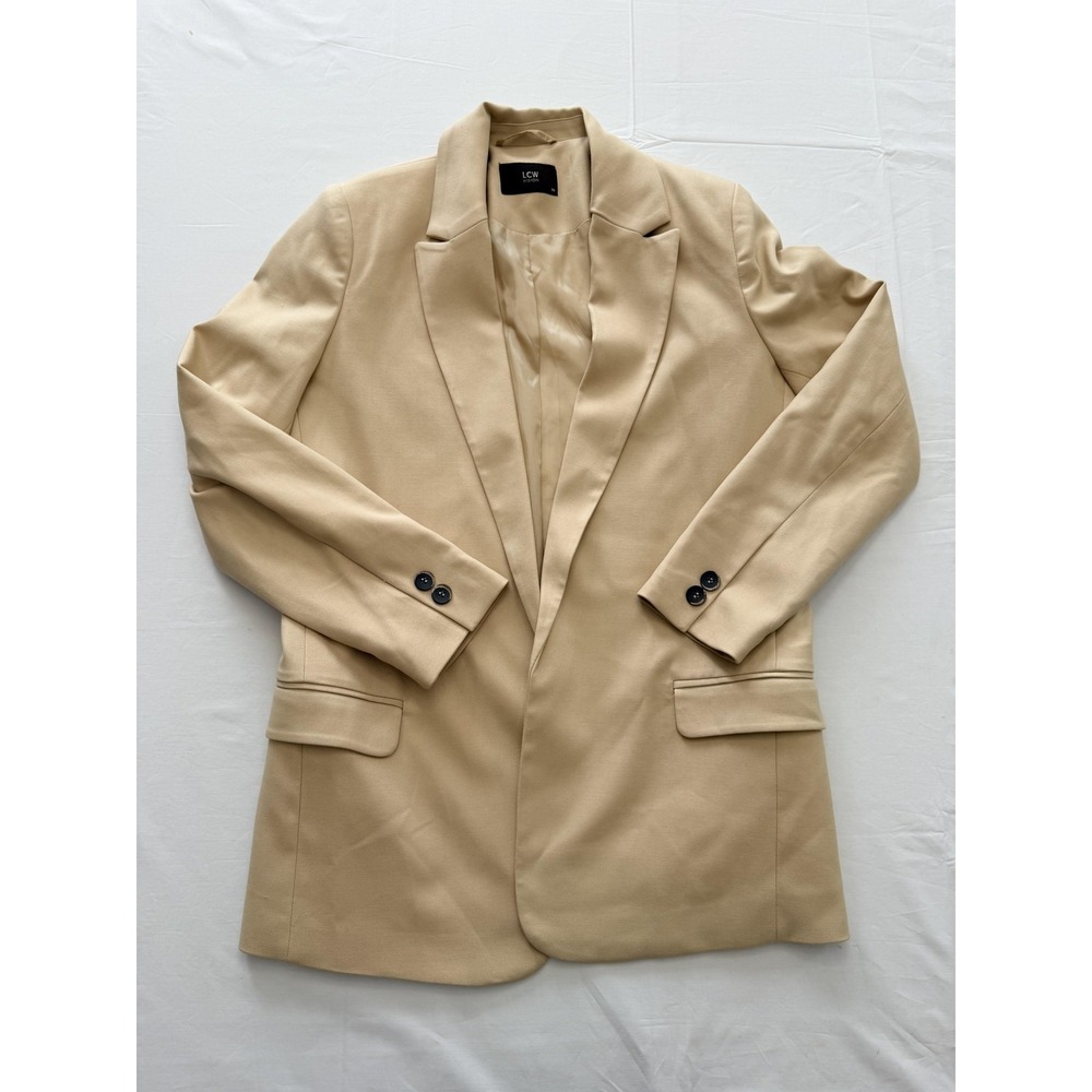 LC Waikiki Blazer Womens 36 Beige Long Lined Open Front Pockets Twill Jacket